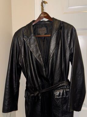 Brandon Thomas Black Leather Trench Coat with Belt